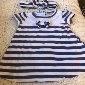 Navy Blue and White Baby Girl dress w/ bow